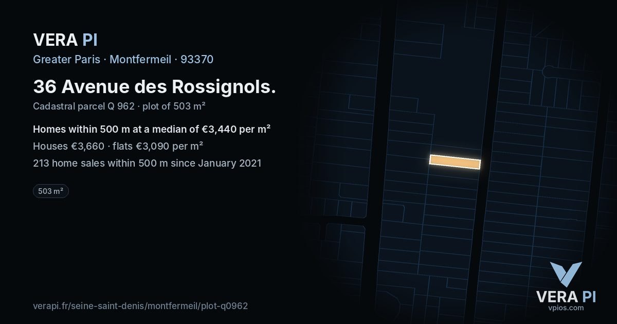 36 Avenue des Rossignols, Montfermeil at night – the plot lit, the parcels around coloured by the prices near them
