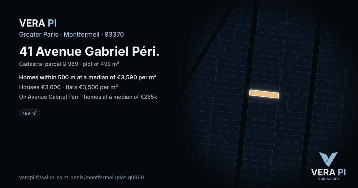 41 Avenue Gabriel Péri, Montfermeil at night – the plot lit, the parcels around coloured by the prices near them