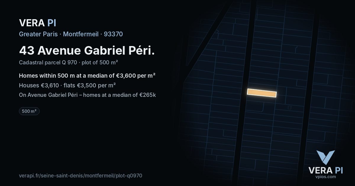 43 Avenue Gabriel Péri, Montfermeil at night – the plot lit, the parcels around coloured by the prices near them