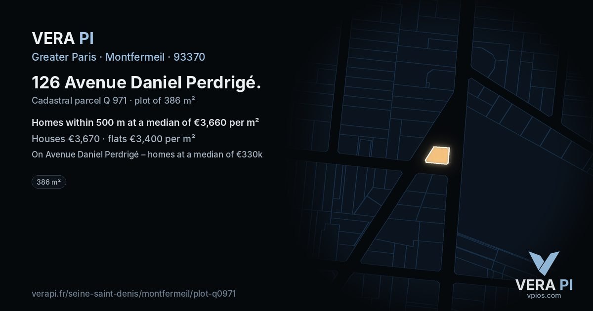 126 Avenue Daniel Perdrigé, Montfermeil at night – the plot lit, the parcels around coloured by the prices near them