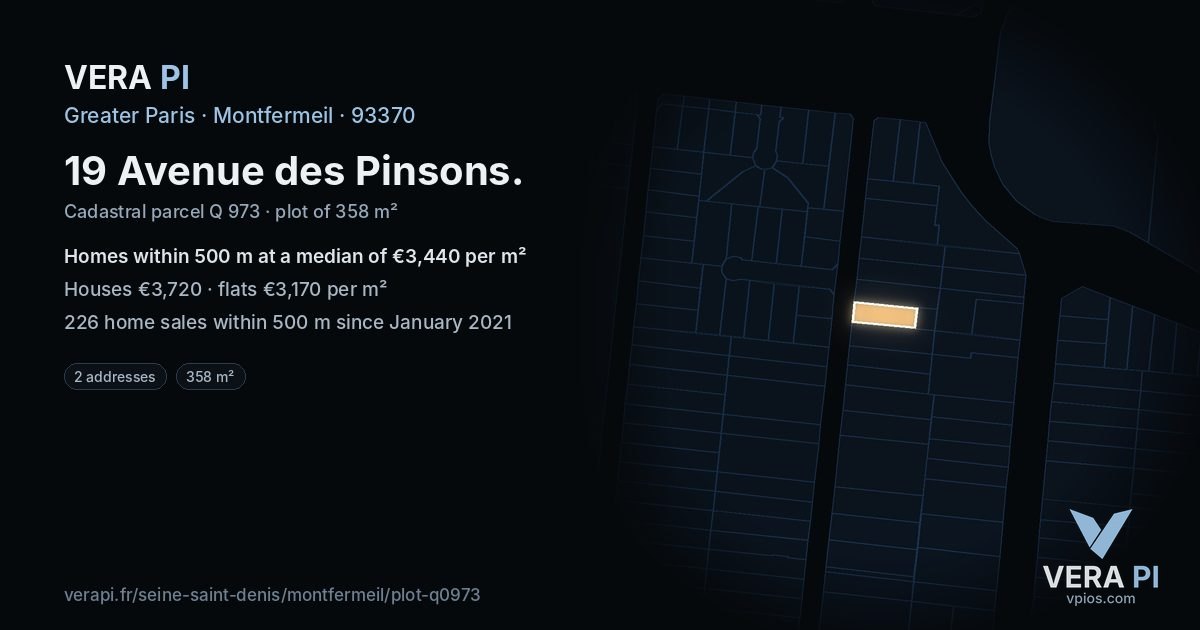 19 Avenue des Pinsons, Montfermeil at night – the plot lit, the parcels around coloured by the prices near them