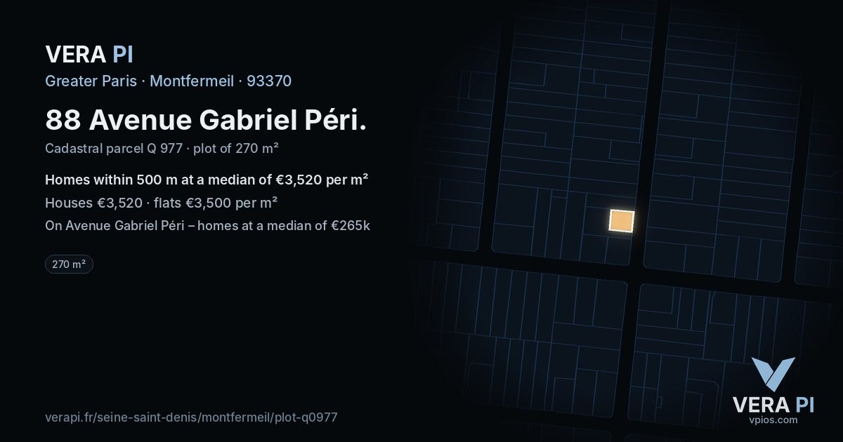 88 Avenue Gabriel Péri, Montfermeil at night – the plot lit, the parcels around coloured by the prices near them