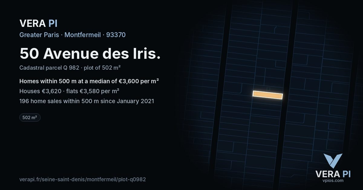 50 Avenue des Iris, Montfermeil at night – the plot lit, the parcels around coloured by the prices near them