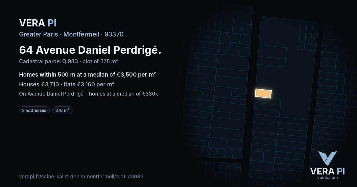 64 Avenue Daniel Perdrigé, Montfermeil at night – the plot lit, the parcels around coloured by the prices near them