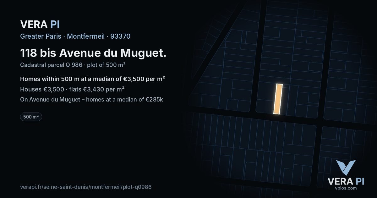 118 bis Avenue du Muguet, Montfermeil at night – the plot lit, the parcels around coloured by the prices near them