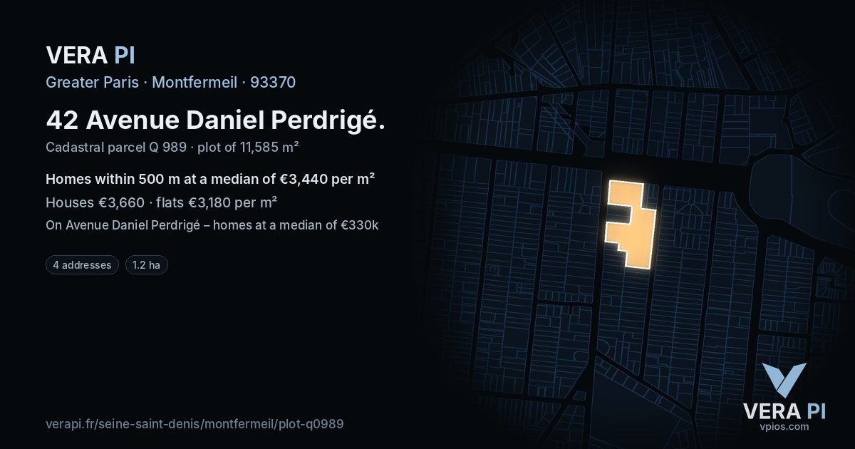 42 Avenue Daniel Perdrigé, Montfermeil at night – the plot lit, the parcels around coloured by the prices near them