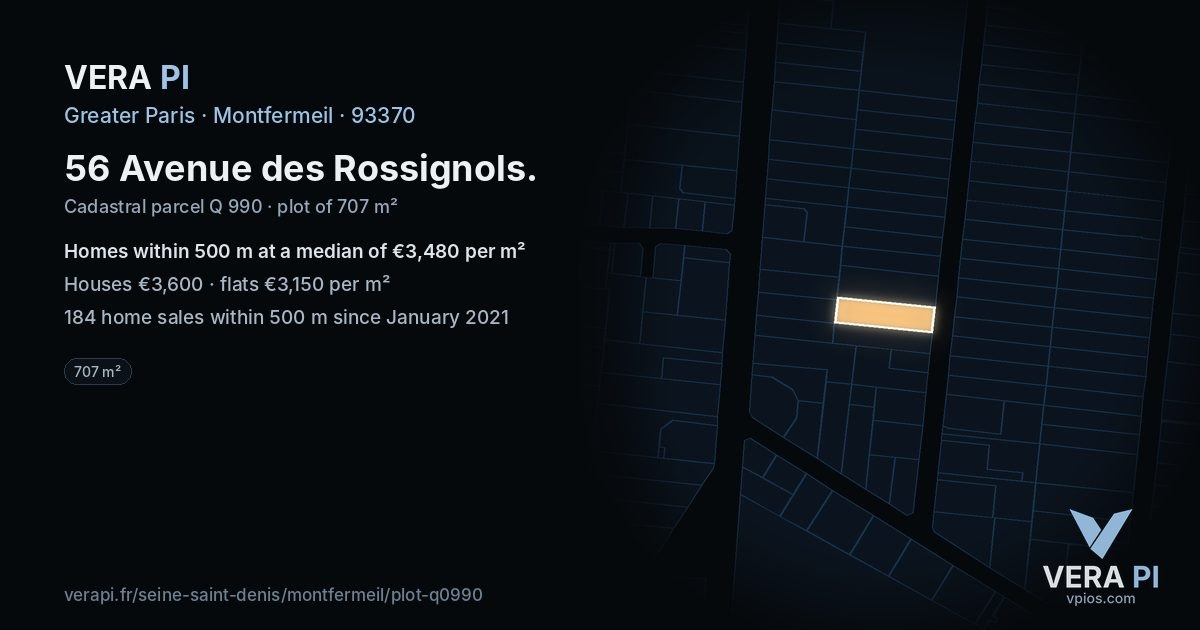 56 Avenue des Rossignols, Montfermeil at night – the plot lit, the parcels around coloured by the prices near them
