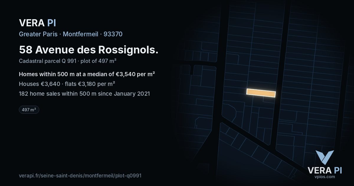 58 Avenue des Rossignols, Montfermeil at night – the plot lit, the parcels around coloured by the prices near them