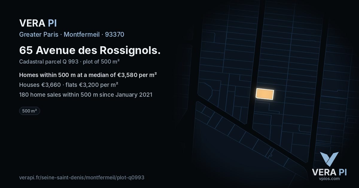 65 Avenue des Rossignols, Montfermeil at night – the plot lit, the parcels around coloured by the prices near them