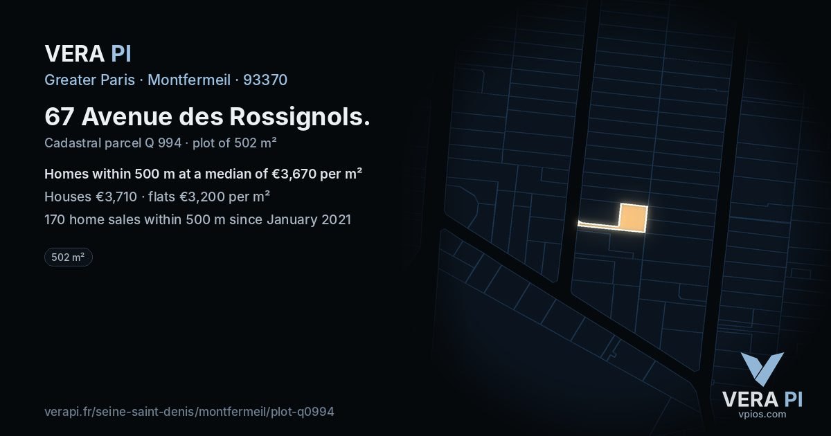67 Avenue des Rossignols, Montfermeil at night – the plot lit, the parcels around coloured by the prices near them