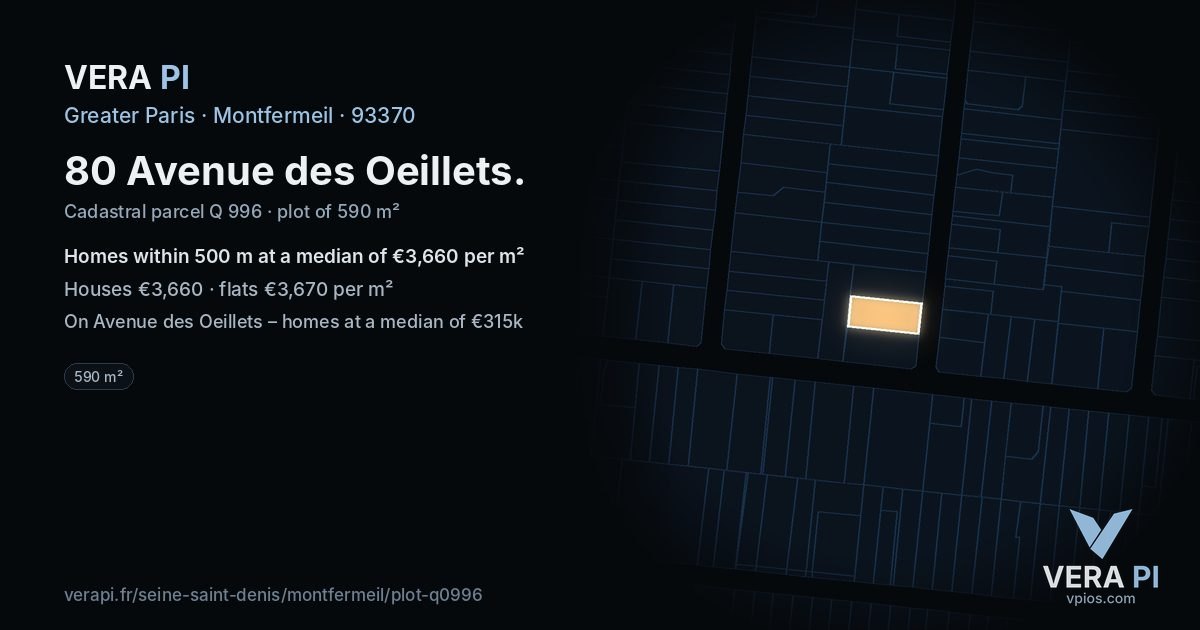 80 Avenue des Oeillets, Montfermeil at night – the plot lit, the parcels around coloured by the prices near them