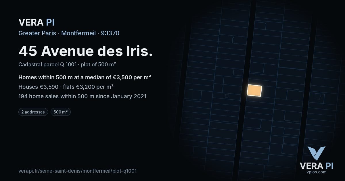 45 Avenue des Iris, Montfermeil at night – the plot lit, the parcels around coloured by the prices near them
