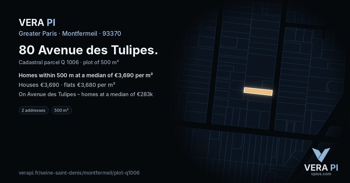 80 Avenue des Tulipes, Montfermeil at night – the plot lit, the parcels around coloured by the prices near them