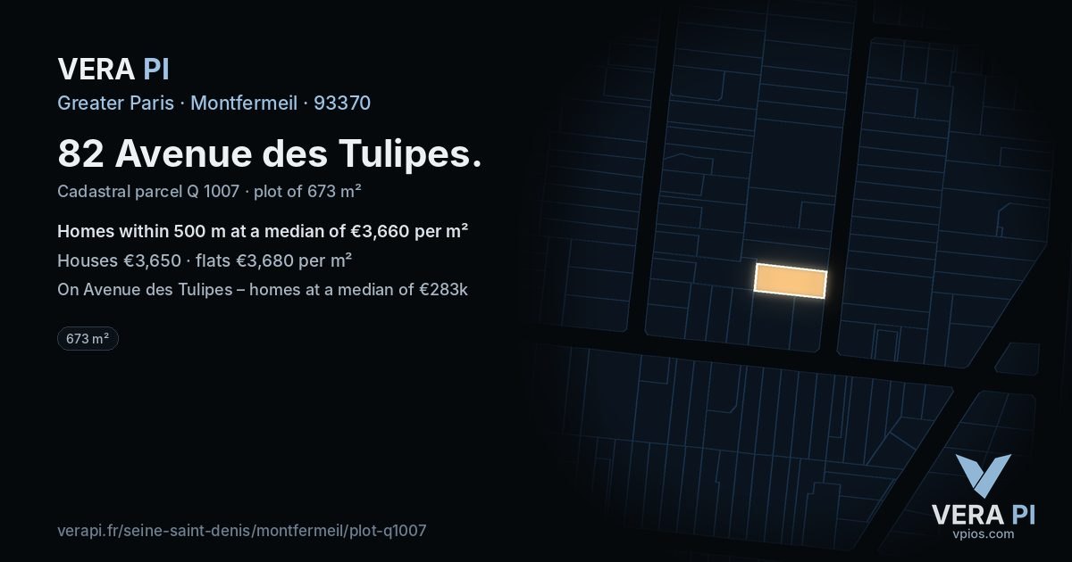 82 Avenue des Tulipes, Montfermeil at night – the plot lit, the parcels around coloured by the prices near them