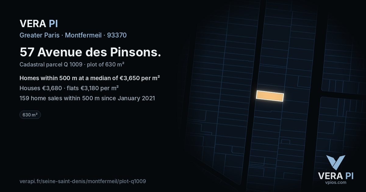 57 Avenue des Pinsons, Montfermeil at night – the plot lit, the parcels around coloured by the prices near them