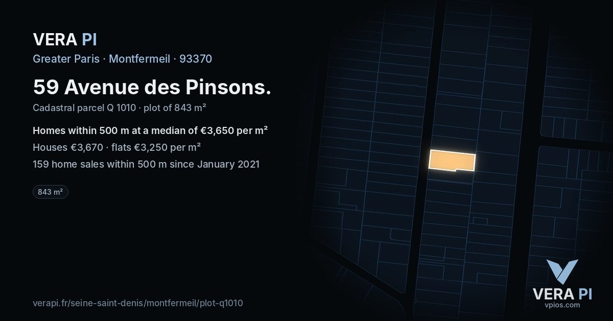 59 Avenue des Pinsons, Montfermeil at night – the plot lit, the parcels around coloured by the prices near them
