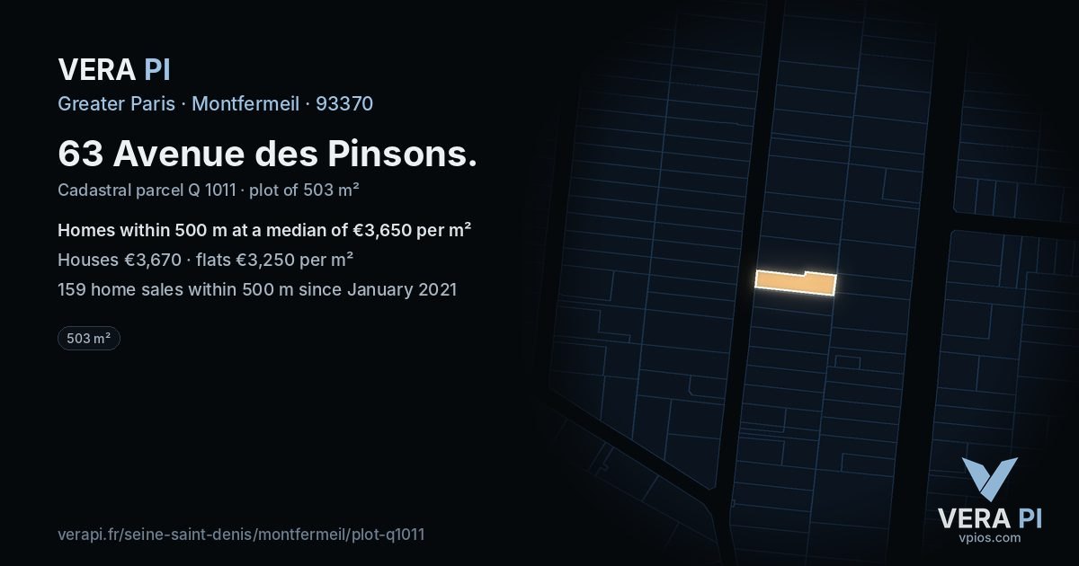 63 Avenue des Pinsons, Montfermeil at night – the plot lit, the parcels around coloured by the prices near them