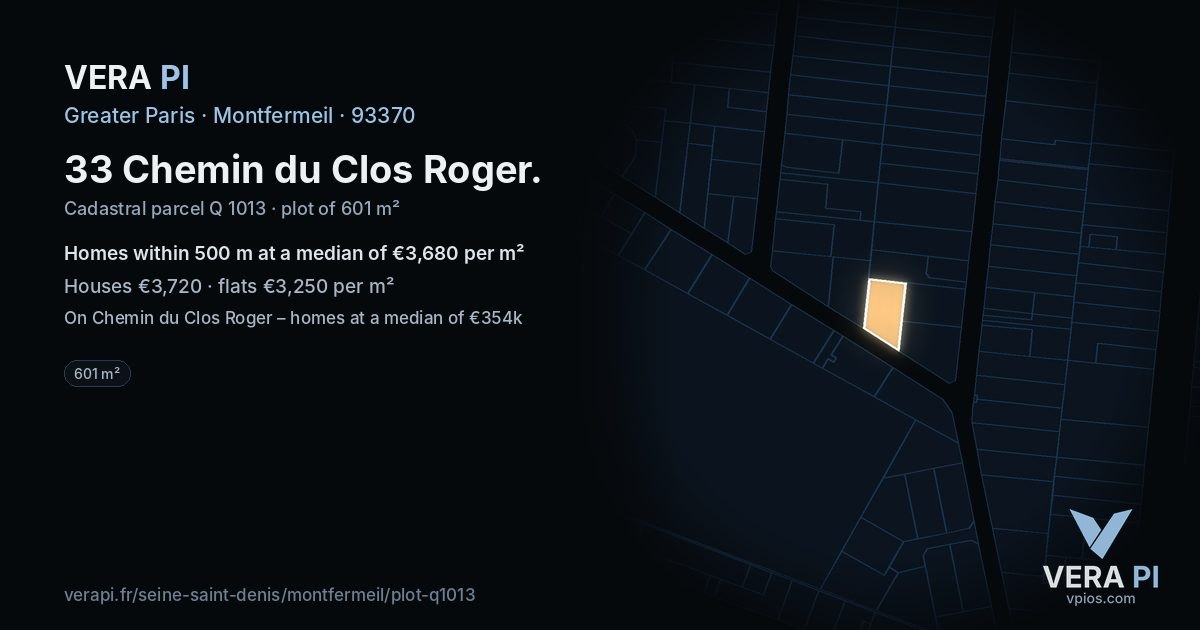 33 Chemin du Clos Roger, Montfermeil at night – the plot lit, the parcels around coloured by the prices near them