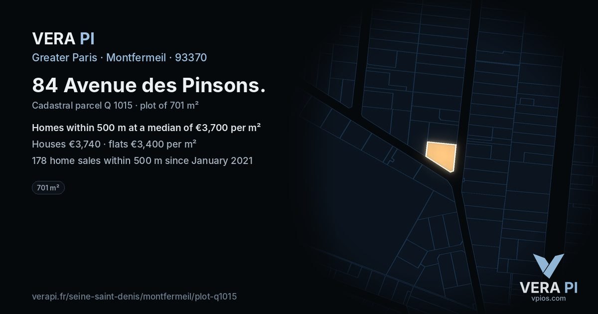 84 Avenue des Pinsons, Montfermeil at night – the plot lit, the parcels around coloured by the prices near them