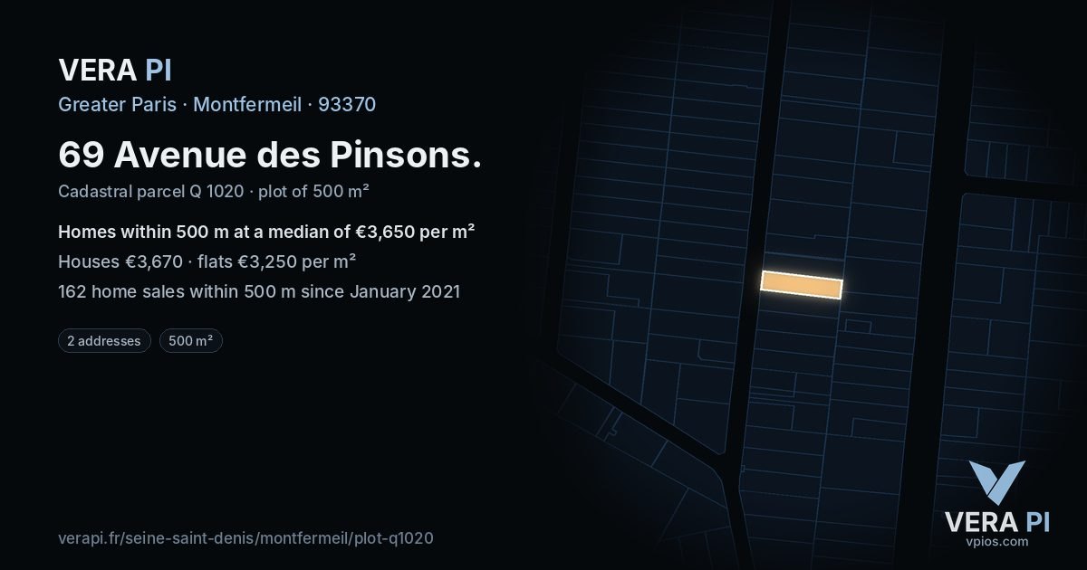 69 Avenue des Pinsons, Montfermeil at night – the plot lit, the parcels around coloured by the prices near them