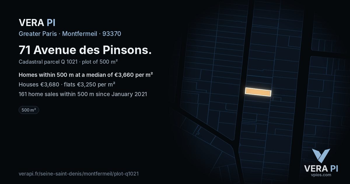 71 Avenue des Pinsons, Montfermeil at night – the plot lit, the parcels around coloured by the prices near them