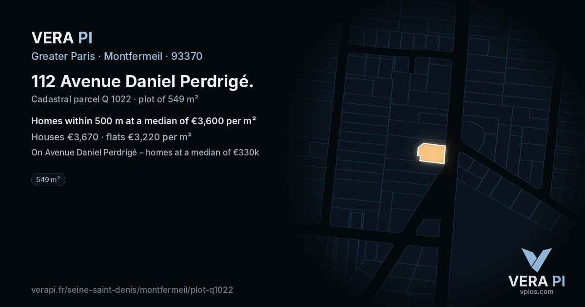 112 Avenue Daniel Perdrigé, Montfermeil at night – the plot lit, the parcels around coloured by the prices near them
