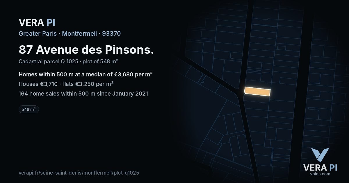 87 Avenue des Pinsons, Montfermeil at night – the plot lit, the parcels around coloured by the prices near them