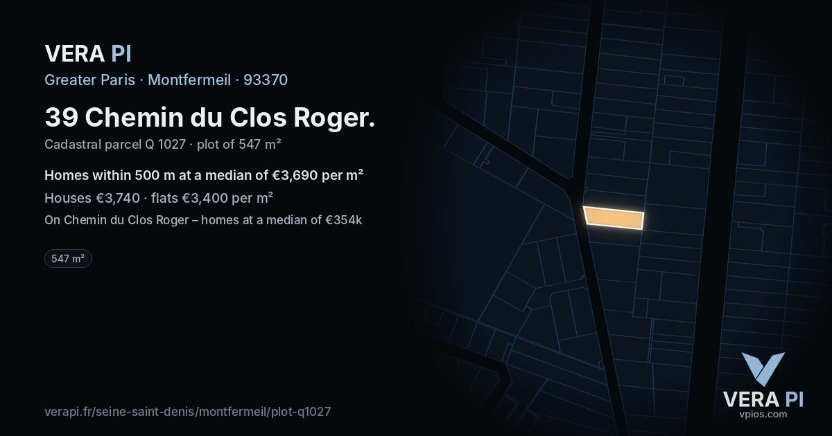 39 Chemin du Clos Roger, Montfermeil at night – the plot lit, the parcels around coloured by the prices near them