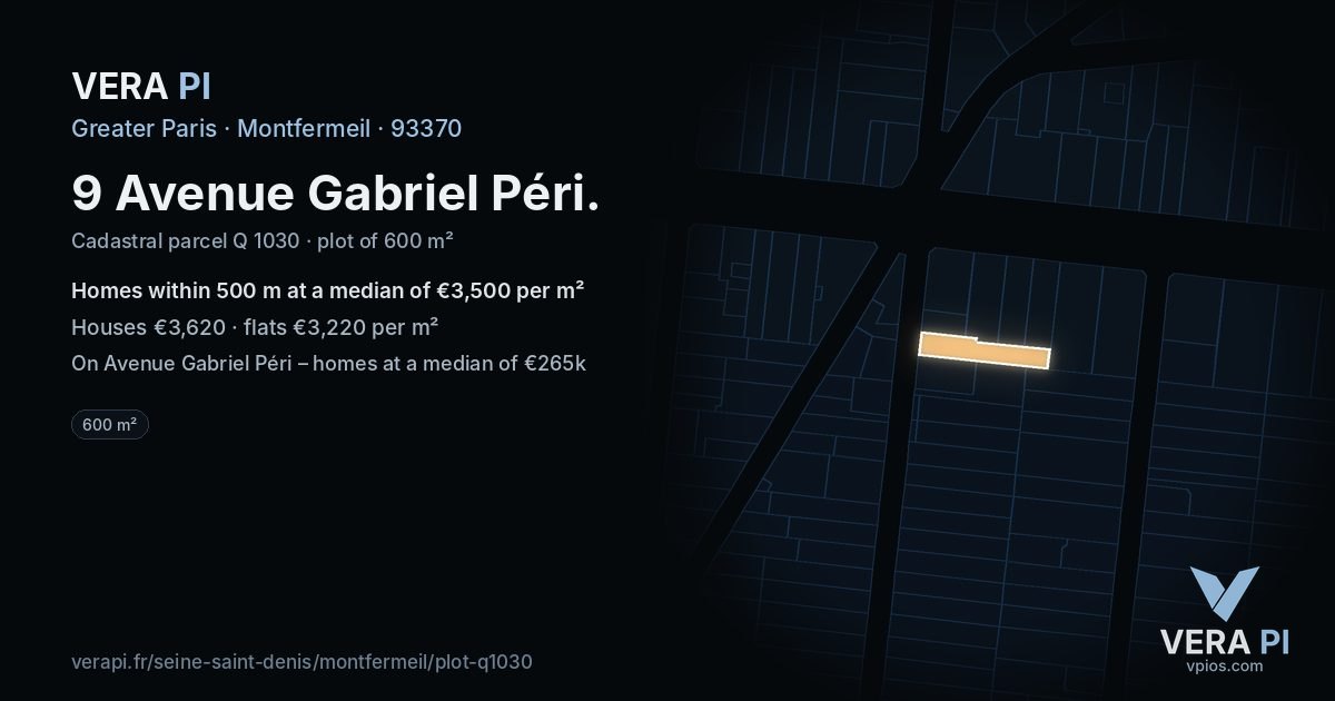 9 Avenue Gabriel Péri, Montfermeil at night – the plot lit, the parcels around coloured by the prices near them