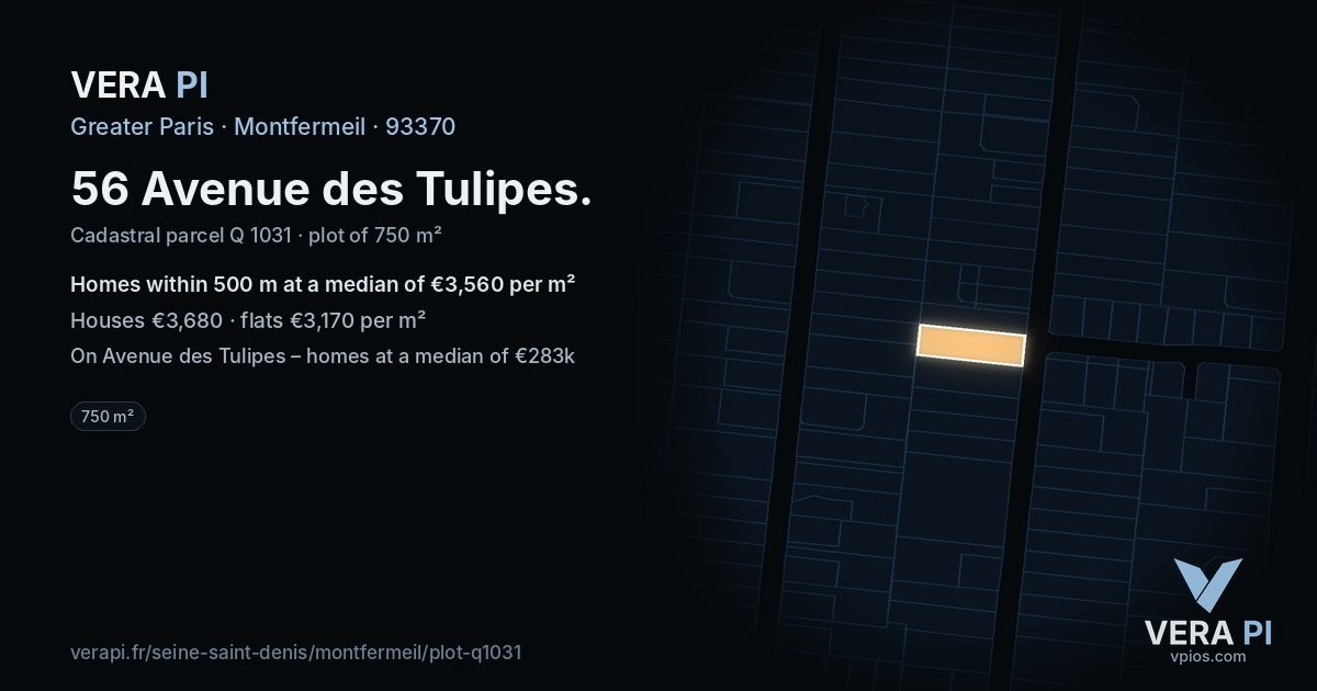 56 Avenue des Tulipes, Montfermeil at night – the plot lit, the parcels around coloured by the prices near them