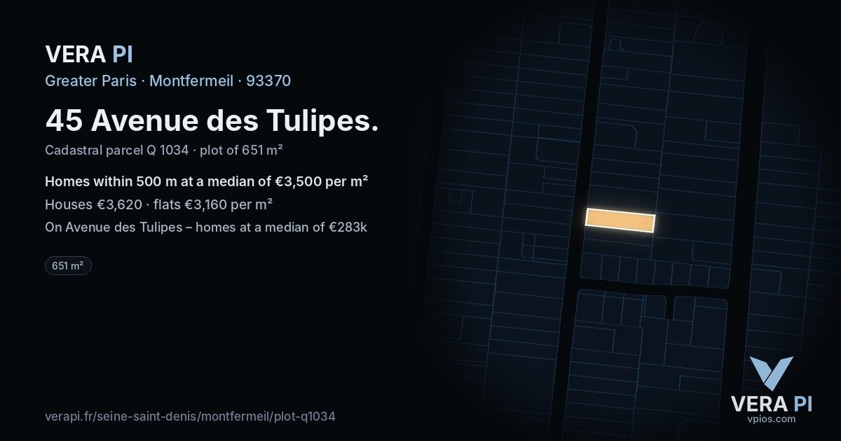 45 Avenue des Tulipes, Montfermeil at night – the plot lit, the parcels around coloured by the prices near them