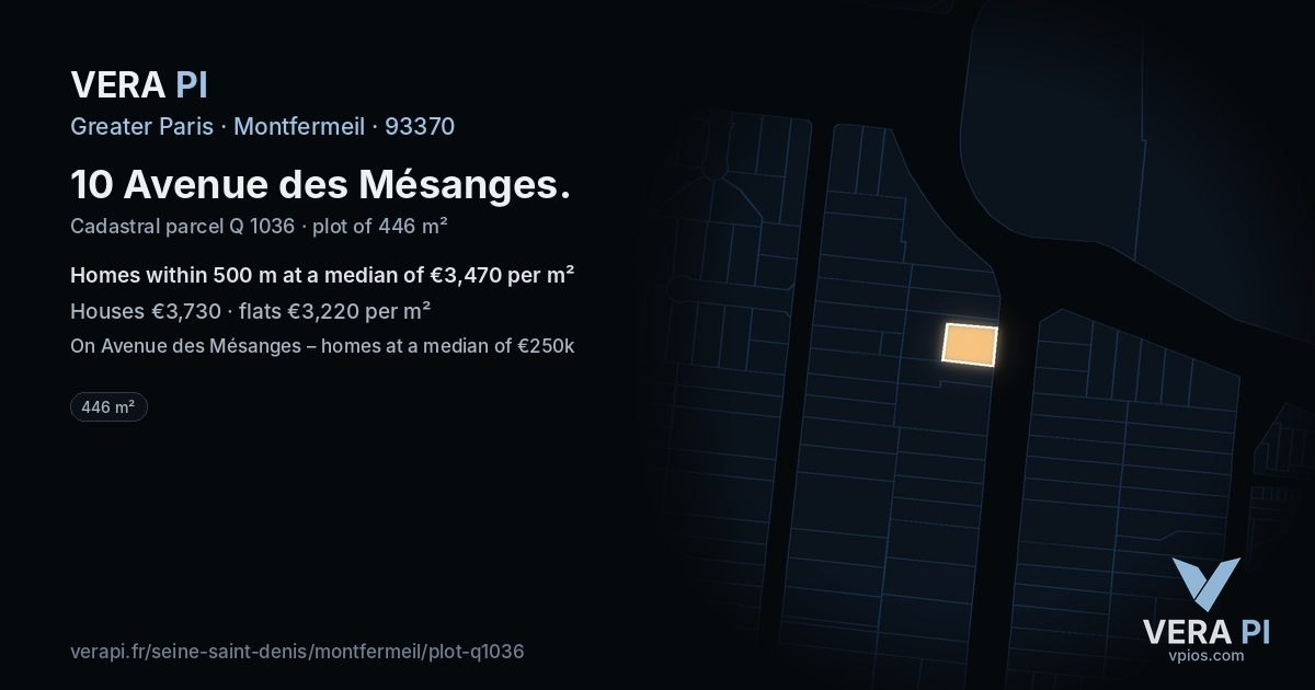 10 Avenue des Mésanges, Montfermeil at night – the plot lit, the parcels around coloured by the prices near them