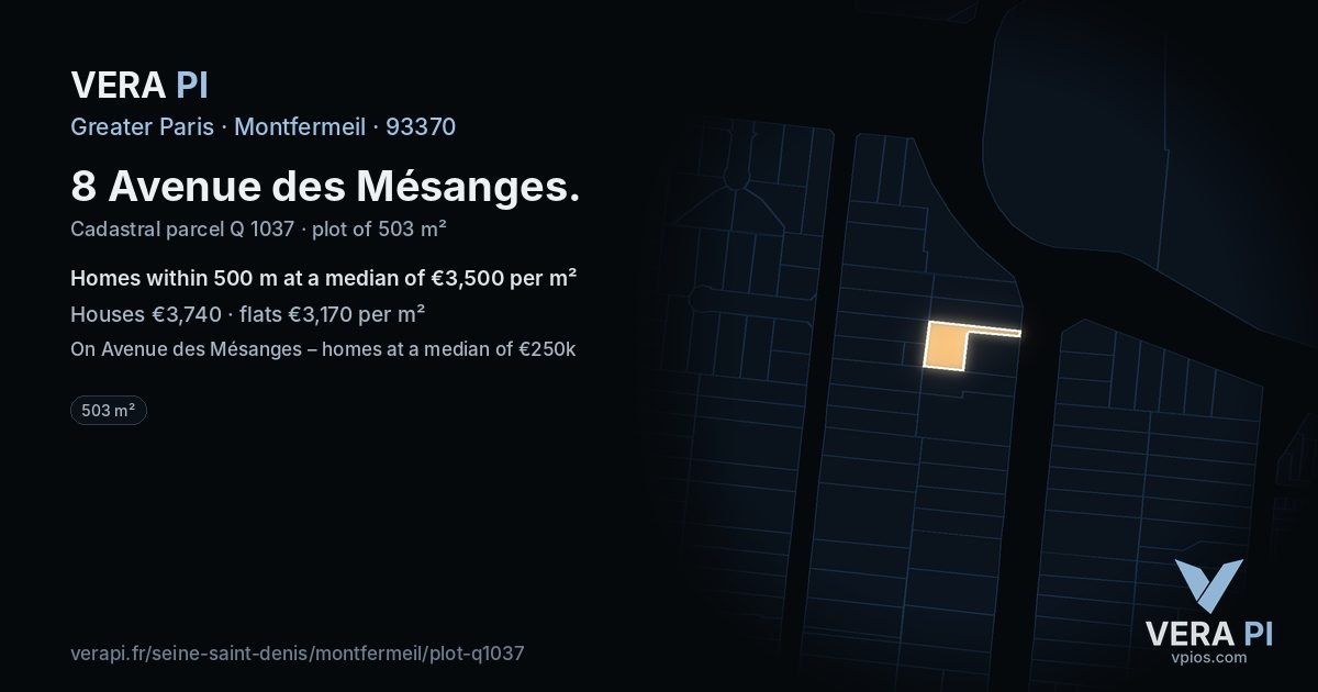 8 Avenue des Mésanges, Montfermeil at night – the plot lit, the parcels around coloured by the prices near them