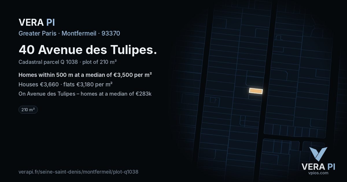 40 Avenue des Tulipes, Montfermeil at night – the plot lit, the parcels around coloured by the prices near them
