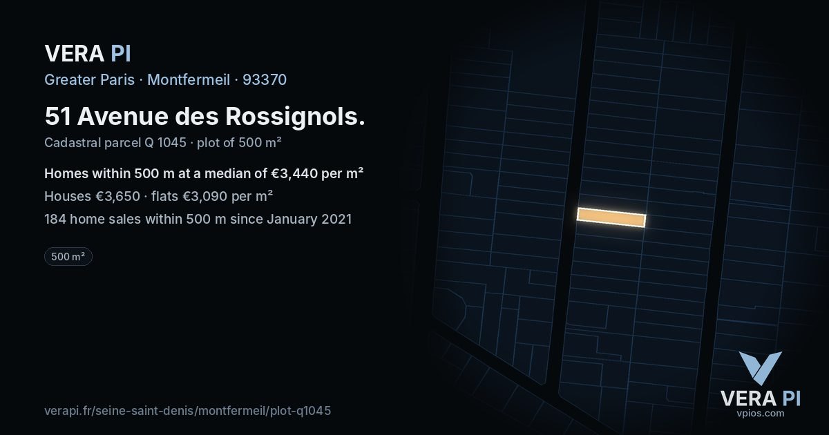 51 Avenue des Rossignols, Montfermeil at night – the plot lit, the parcels around coloured by the prices near them