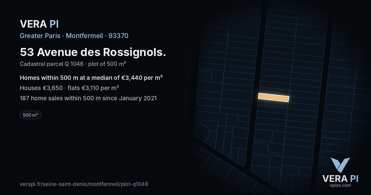 53 Avenue des Rossignols, Montfermeil at night – the plot lit, the parcels around coloured by the prices near them