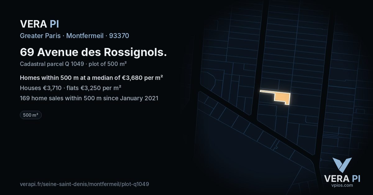 69 Avenue des Rossignols, Montfermeil at night – the plot lit, the parcels around coloured by the prices near them