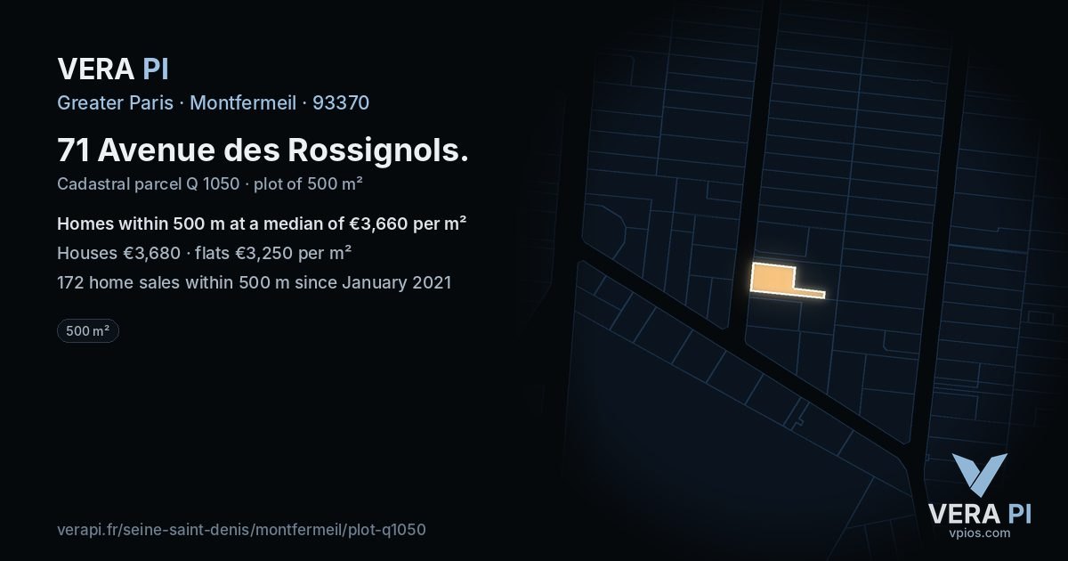 71 Avenue des Rossignols, Montfermeil at night – the plot lit, the parcels around coloured by the prices near them