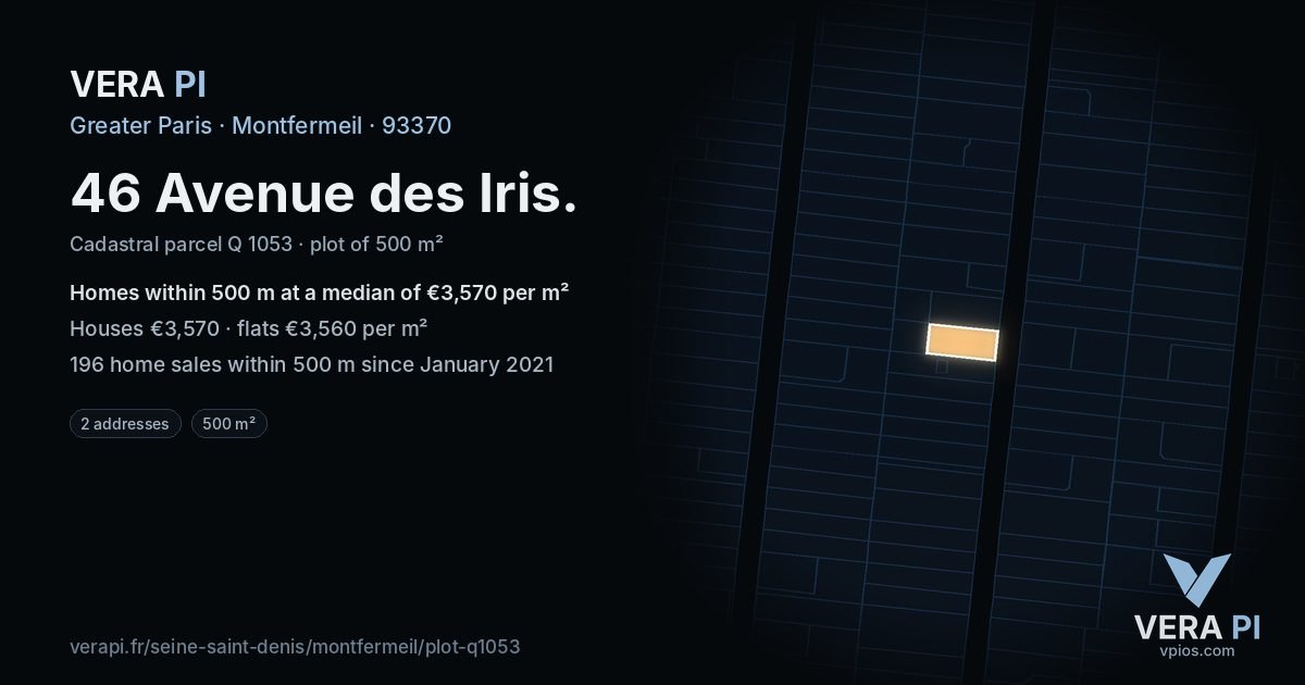 46 Avenue des Iris, Montfermeil at night – the plot lit, the parcels around coloured by the prices near them
