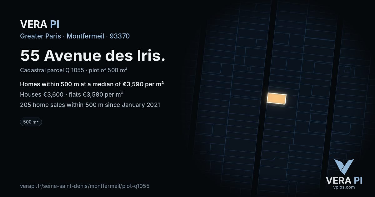55 Avenue des Iris, Montfermeil at night – the plot lit, the parcels around coloured by the prices near them