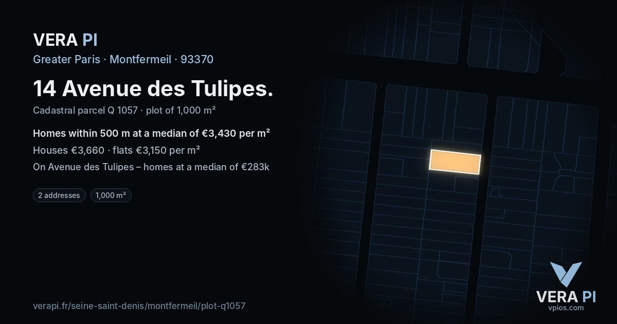 14 Avenue des Tulipes, Montfermeil at night – the plot lit, the parcels around coloured by the prices near them