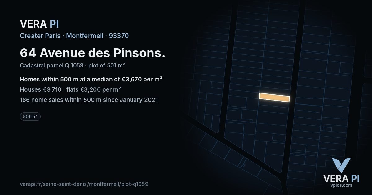 64 Avenue des Pinsons, Montfermeil at night – the plot lit, the parcels around coloured by the prices near them