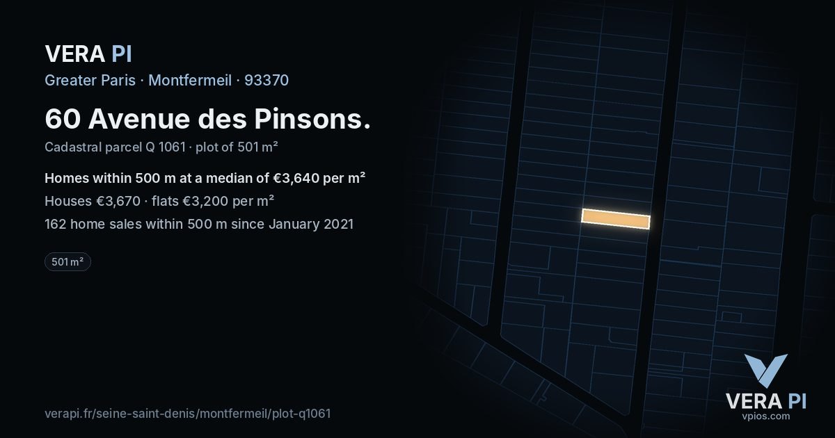60 Avenue des Pinsons, Montfermeil at night – the plot lit, the parcels around coloured by the prices near them