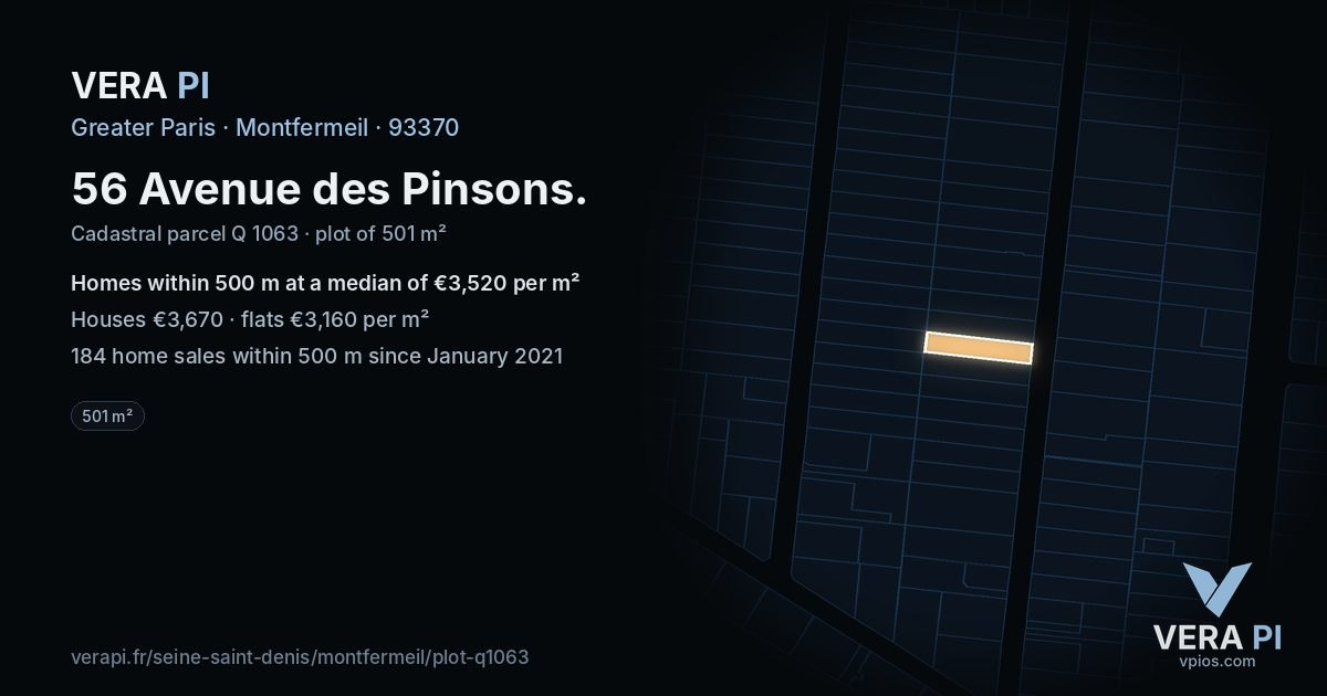 56 Avenue des Pinsons, Montfermeil at night – the plot lit, the parcels around coloured by the prices near them