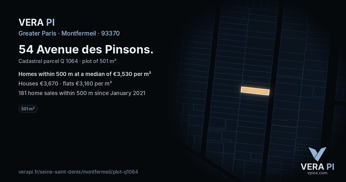 54 Avenue des Pinsons, Montfermeil at night – the plot lit, the parcels around coloured by the prices near them