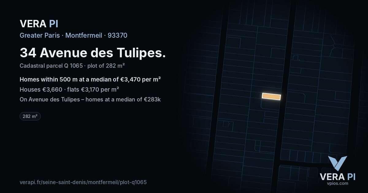 34 Avenue des Tulipes, Montfermeil at night – the plot lit, the parcels around coloured by the prices near them