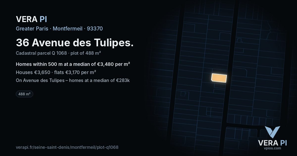 36 Avenue des Tulipes, Montfermeil at night – the plot lit, the parcels around coloured by the prices near them