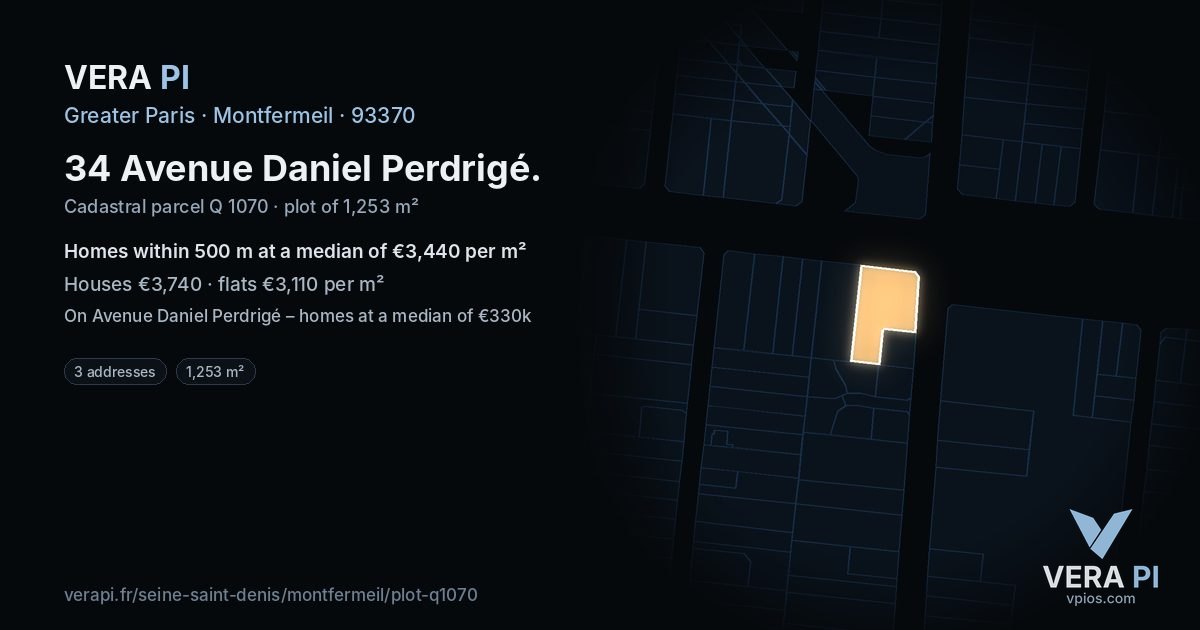 34 Avenue Daniel Perdrigé, Montfermeil at night – the plot lit, the parcels around coloured by the prices near them