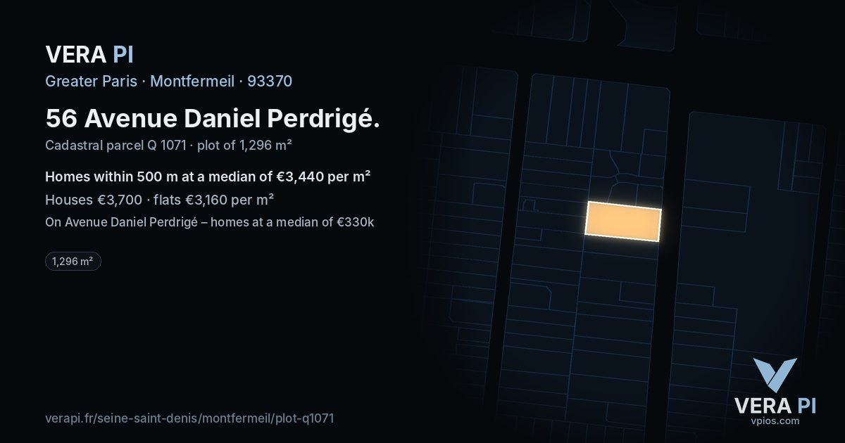 56 Avenue Daniel Perdrigé, Montfermeil at night – the plot lit, the parcels around coloured by the prices near them