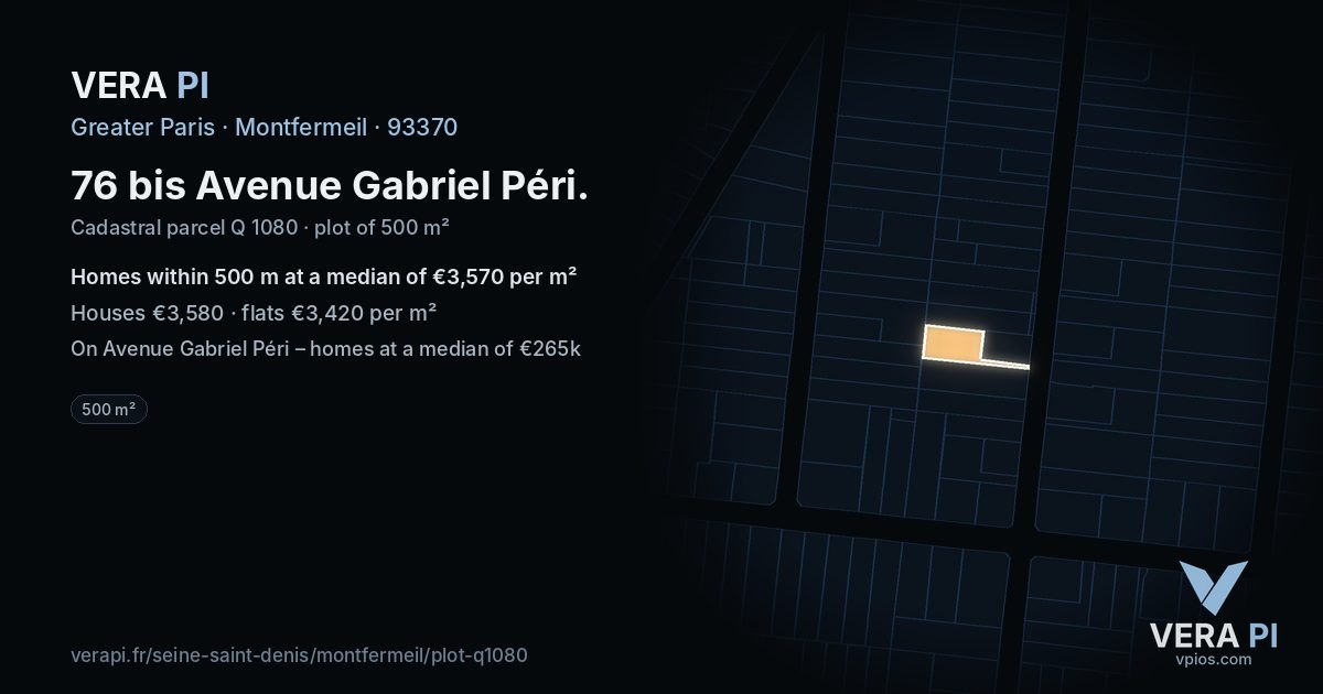 76 bis Avenue Gabriel Péri, Montfermeil at night – the plot lit, the parcels around coloured by the prices near them